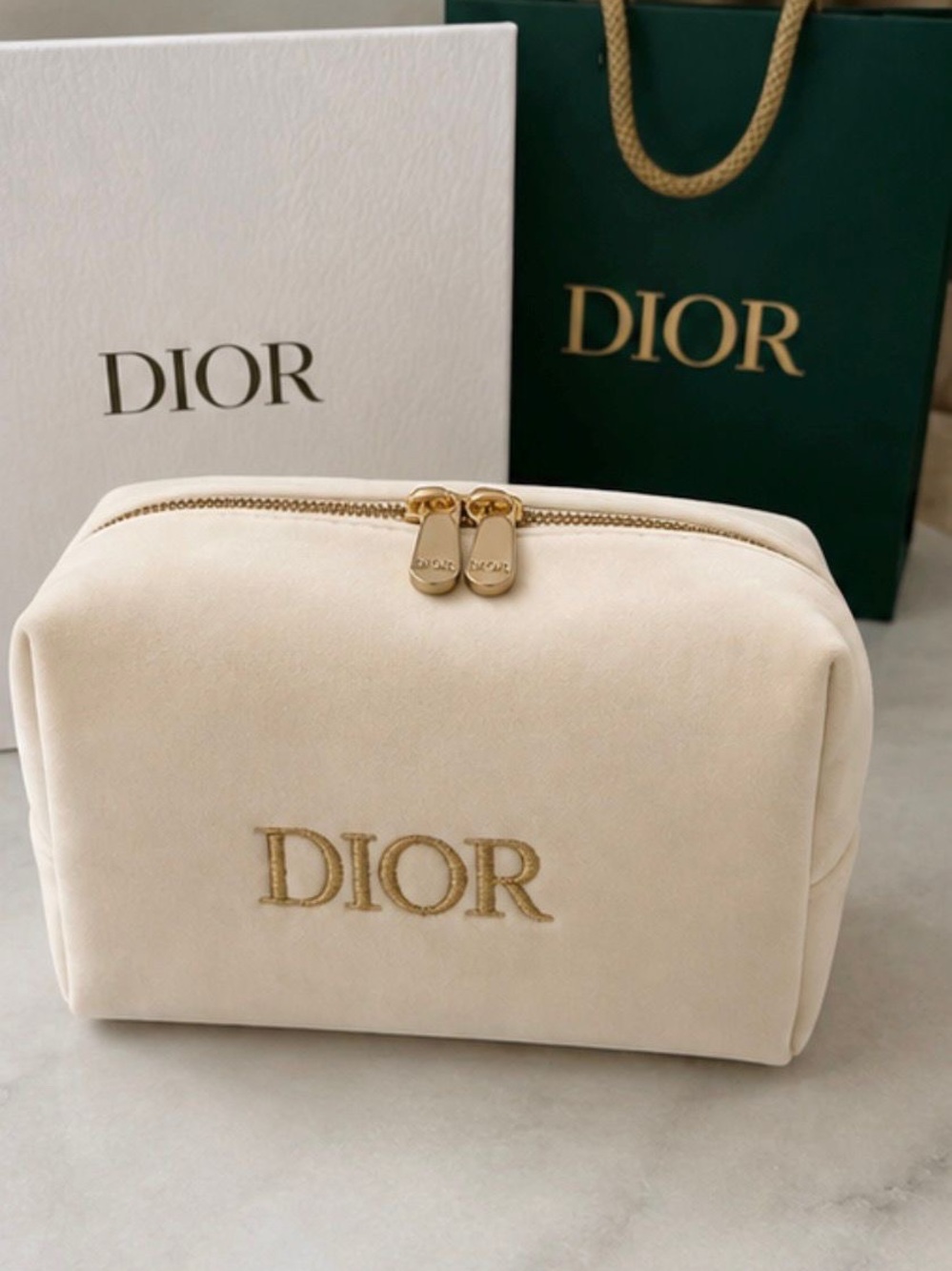 Dior Cream Velvet Cosmetic Pouch with Gold Logo - Picture 2 of 5